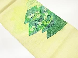 手織り真綿紬抽象草花に幾何学模様織出し名古屋帯